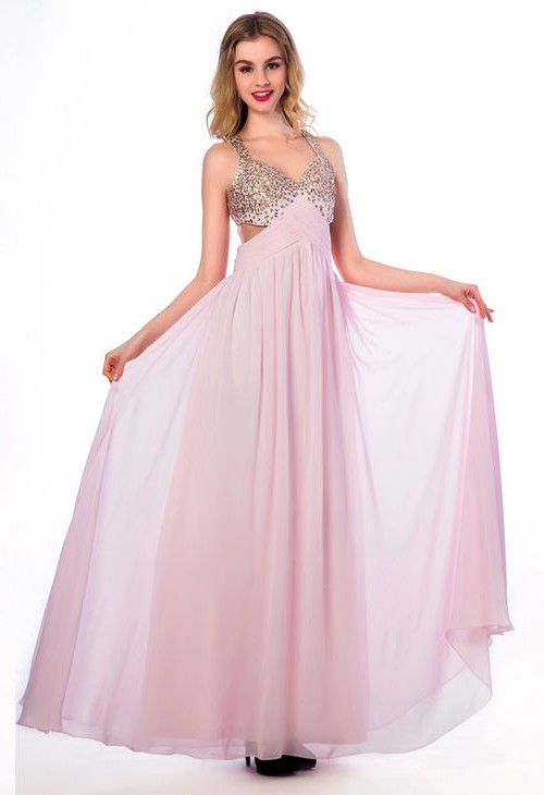 Flowing A Line Cut Out Open Back Long Light Pink Chiffon Beaded Prom ...