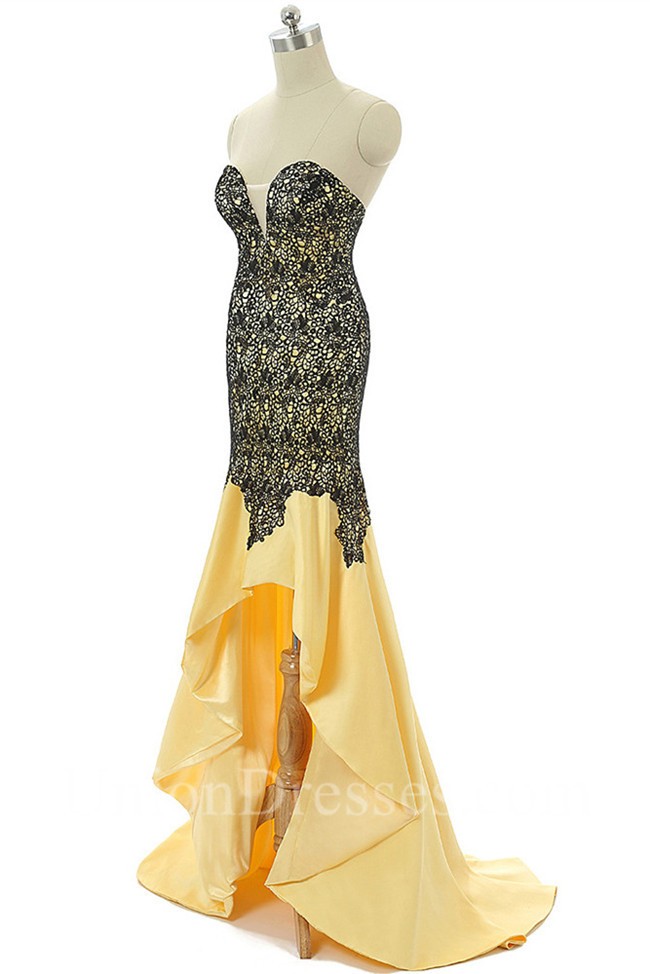 High Low Sweetheart Yellow Satin Black Lace Prom Dress