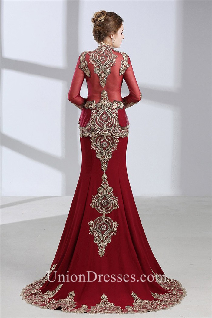 Mermaid Front Cut Out Burgundy Satin Gold Lace Evening Prom Dress With Cape