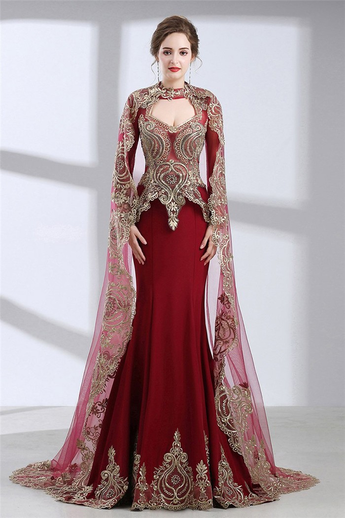 Mermaid Front Cut Out Burgundy Satin Gold Lace Evening Prom Dress With Cape