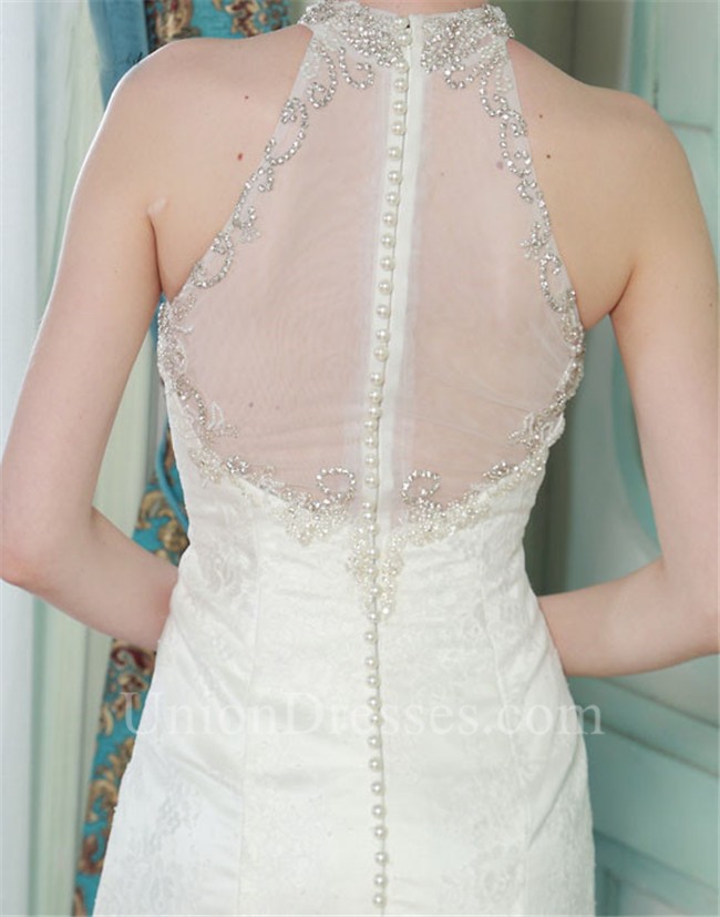 Mermaid High Neck Sheer Back Lace Beaded Wedding Dress With Pearls