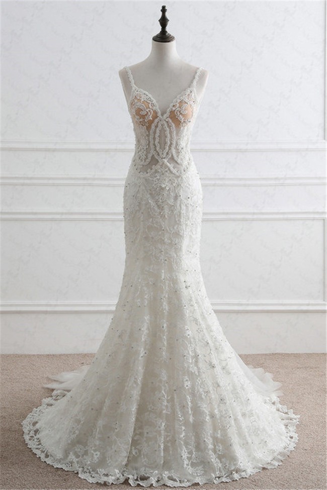 Mermaid Sweetheart Open Back See Through Tulle Lace Beaded Wedding ...