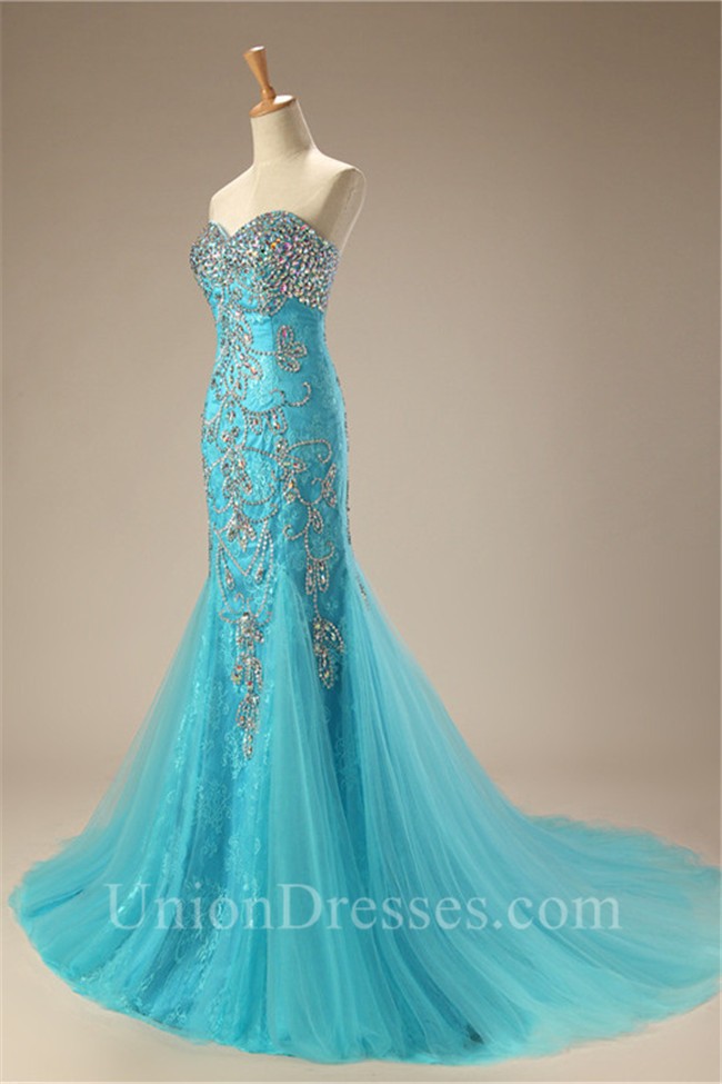 Mermaid Sweetheart Turquoise Lace Tulle Beaded Sparkly Prom Dress