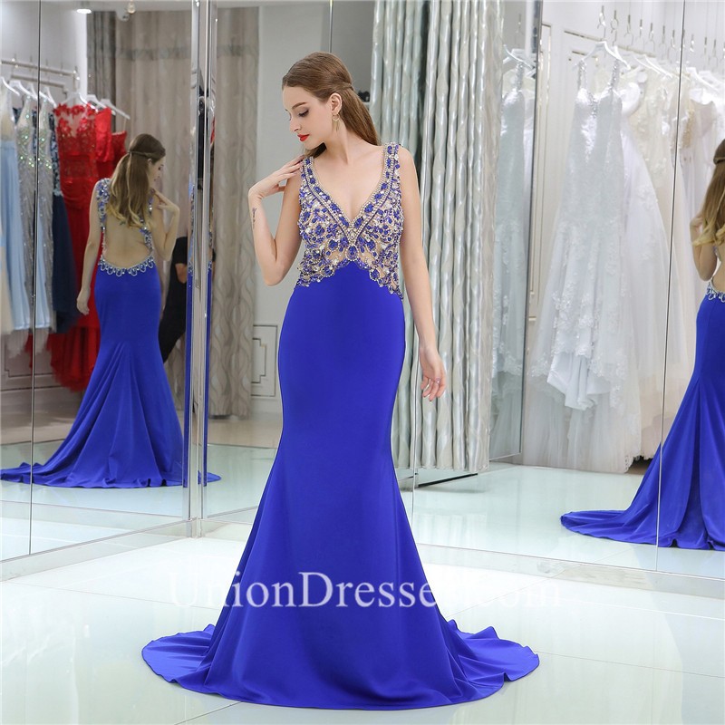 Mermaid V Neck Backless Royal Blue Satin Beaded Evening Prom Dress