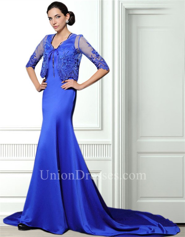 Mermaid V Neck Royal Blue Satin Mother Of The Bride Evening Dress With ...