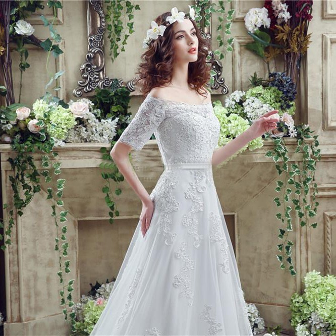 Princess A Line Off The Shoulder Short Lace Sleeve Corset Wedding
