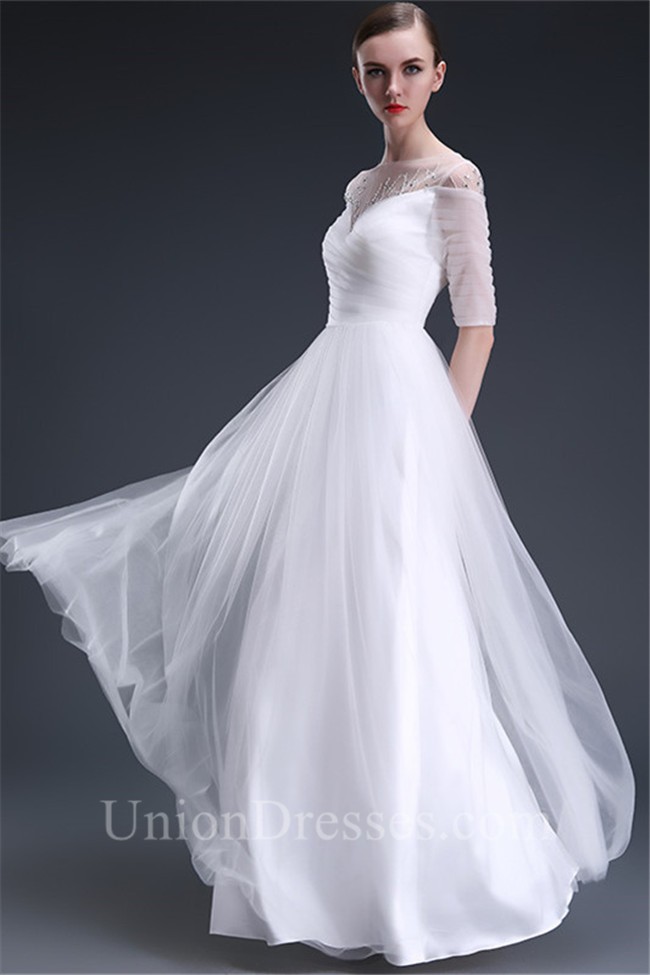 Princess Illusion Neckline White Tulle Beaded Wedding Prom Dress With ...