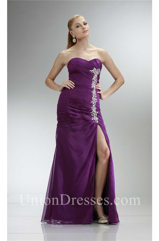 Sexy Strapless High Slit Long Purple Chiffon Beaded Prom Dress