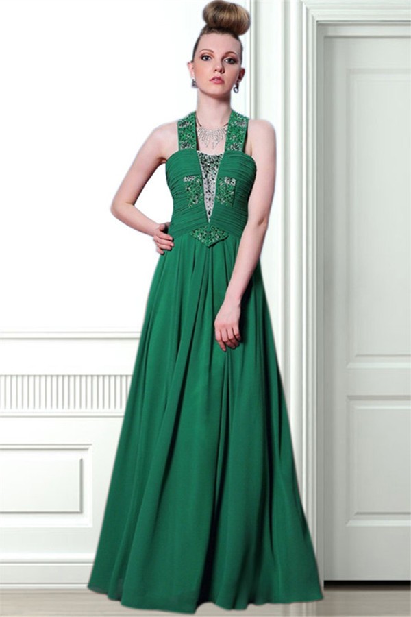 Sheath Halter Long Emerald Green Chiffon Embroidery Beaded Prom Dress