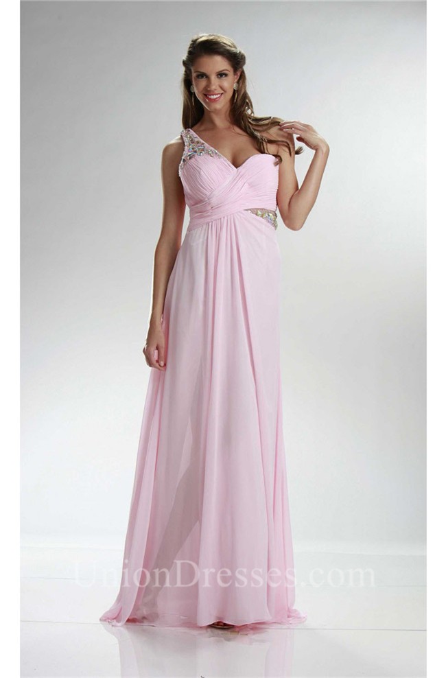 Sheath One Shoulder Side Slit Long Light Pink Chiffon Prom Dress