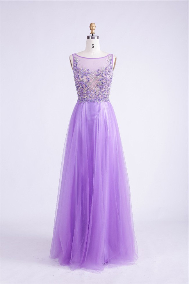 Sheathe Bateau Neckline Sleeveless Long Lilac Tulle Beaded Prom Dress