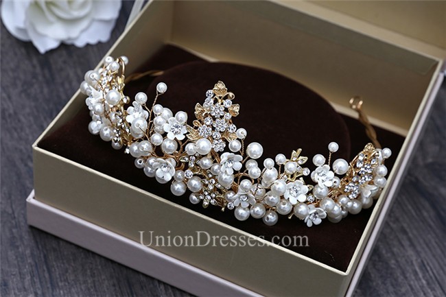 Stunning Gold Ally Pearl Wedding Bridal Tiara Crown