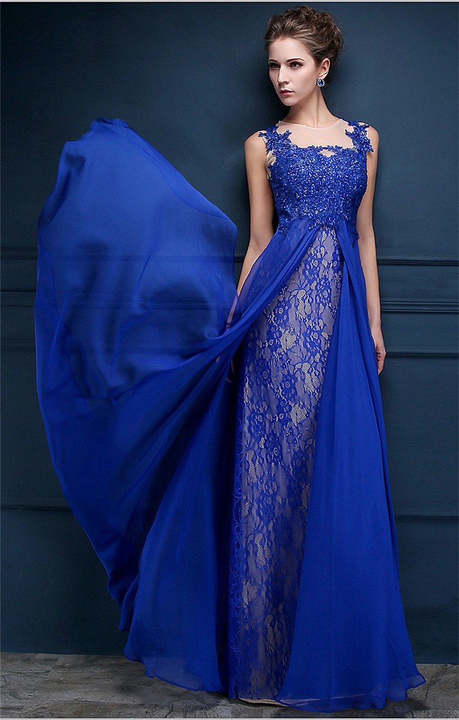 Stunning Illusion Neckline Sleeveless Royal Blue Chiffon Lace Prom Dress