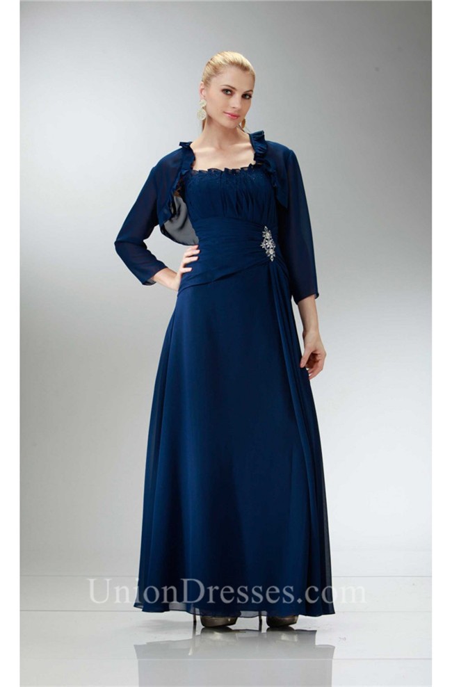 Traditional Strapless Navy Blue Chiffon Mother Evening Dress Bolero Jacket