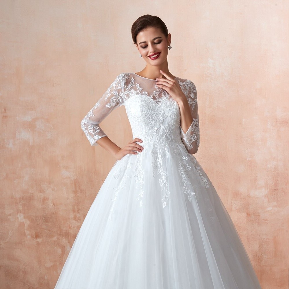 Princess Tulle Lace Wedding Dress With 3 4 Sleeves High Neck