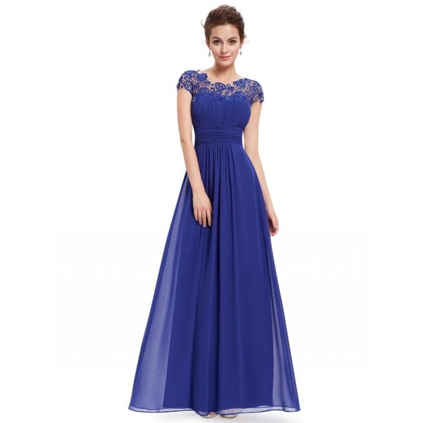 Elegant Scoop Cap Sleeve Open Back Beaded Lace Royal Blue Chiffon Prom ...