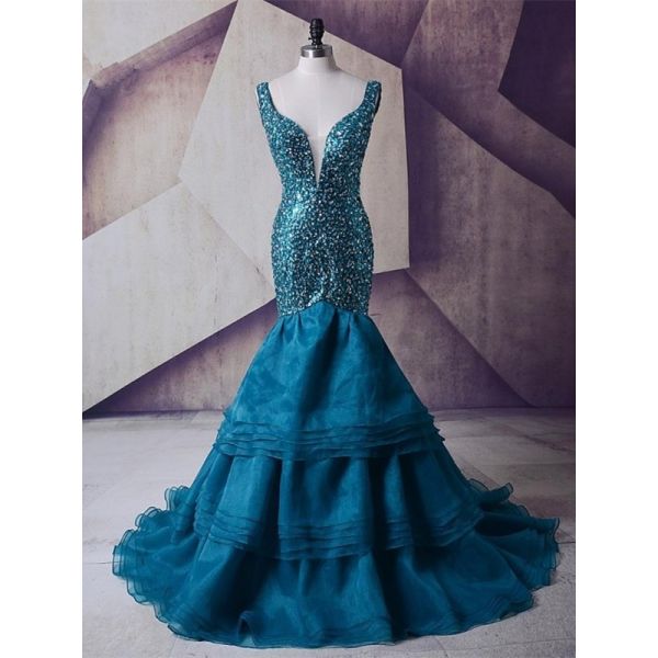 Gorgeous Mermaid V Neck Corset Tiered Organza Crystal Beaded Teal Prom ...