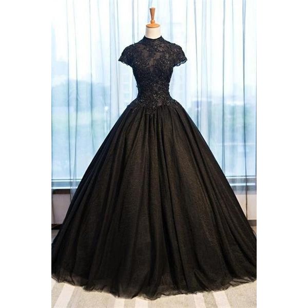 Modest Ball Gown High Neck Corset Cap Sleeve Beaded Black Tulle Prom ...