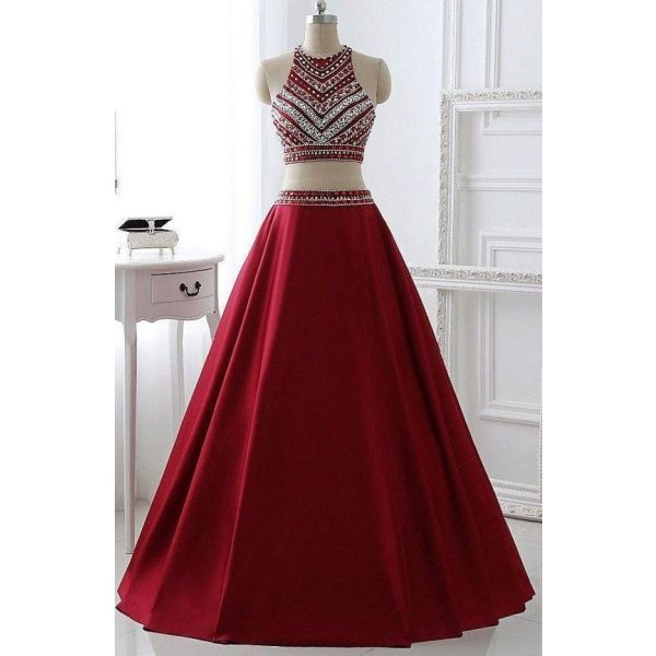 Beautiful Two Piece A Line High Neck Crystal Beaded Red Prom Party Dress