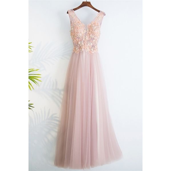 Elegant V Neck Corset Beaded Dusty Rose Tulle A Line Prom Evening Dress ...