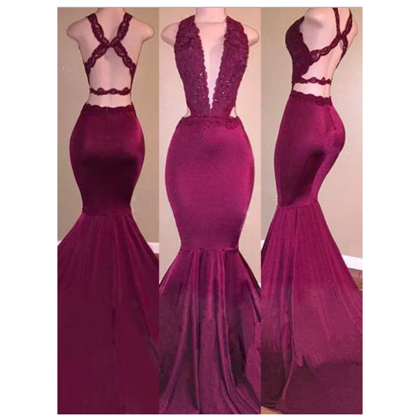 Sexy Burgundy Mermaid Prom Evening Dress Deep V Neck Cross Lace Straps