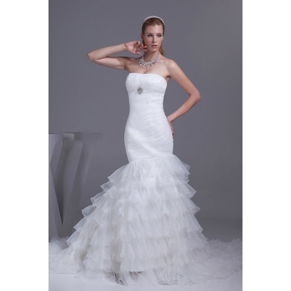 Gorgeous Mermaid Strapless Corset Crystal Beaded Tiered Organza Wedding ...