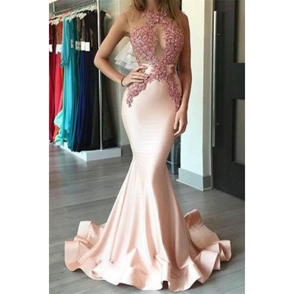 Sexy Pink Mermaid Prom Evening Dress See Through Neckline Sleeveless ...