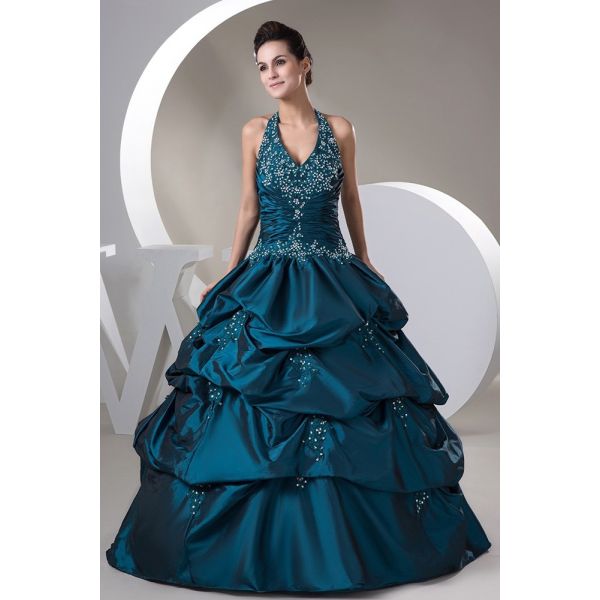 Stunning Ball Gown Halter Crystal Beaded Teal Taffeta Prom Evening Dresses