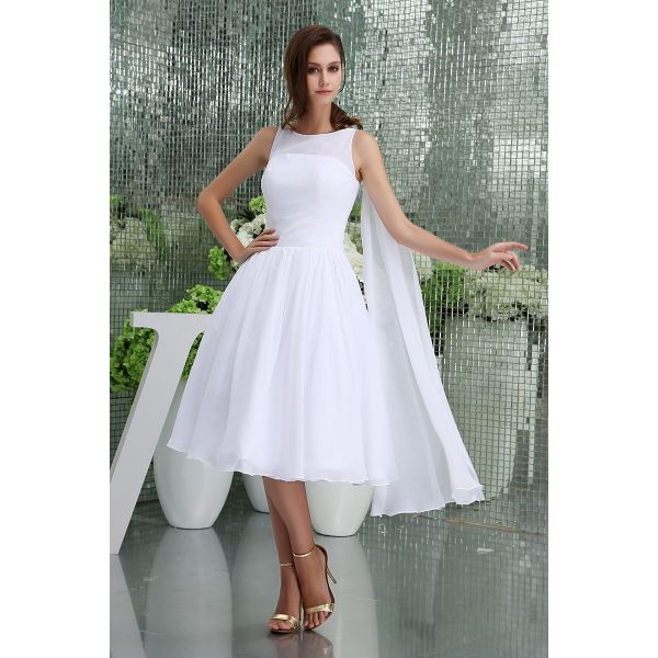 Beautiful Knee Length Ball Gown Scoop Ruched White Chiffon Wedding Dress