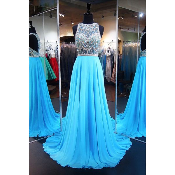 A Line High Neck Long Turquoise Chiffon Tulle Beaded Prom Dress