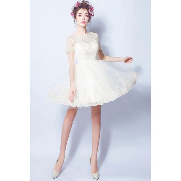 A Line High Neck Short Sleeve Light Champagne Tulle Lace Wedding Party ...