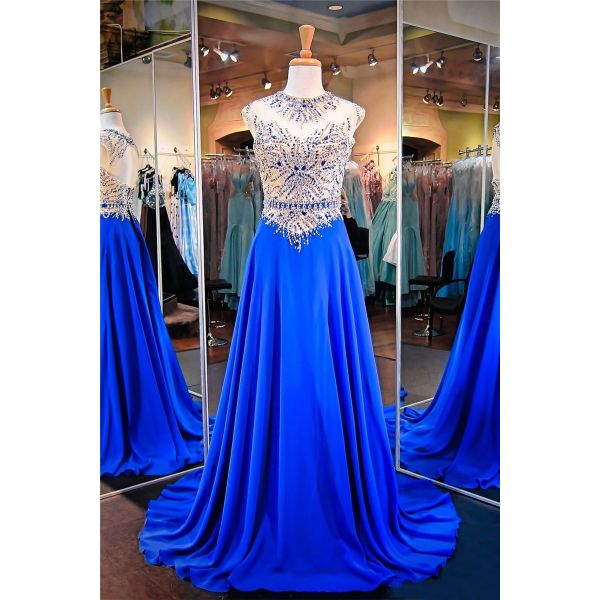 A Line Jewel Neckline Open Back Royal Blue Chiffon Beaded Prom Dress