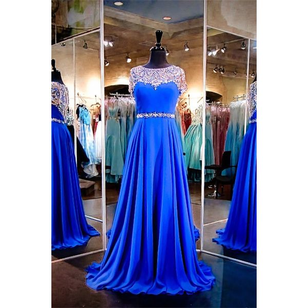 A Line Long Royal Blue Chiffon Beaded Prom Dress With Sleeves