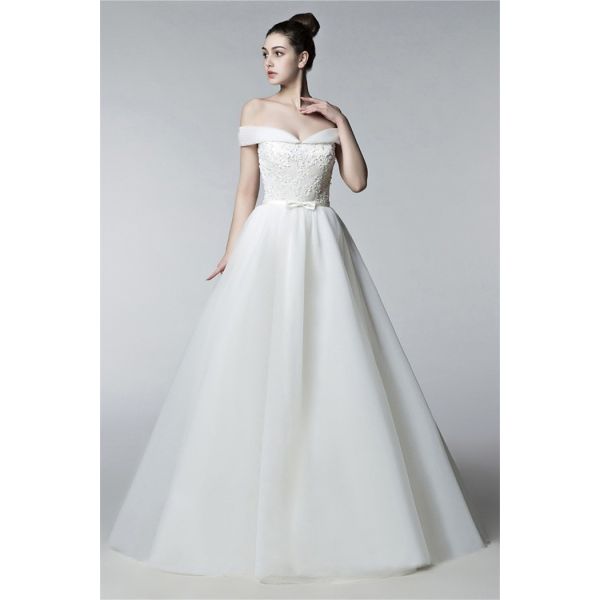 A Line Off The Shoulder Bow Belt Tulle Lace Beaded Wedding Dress ...