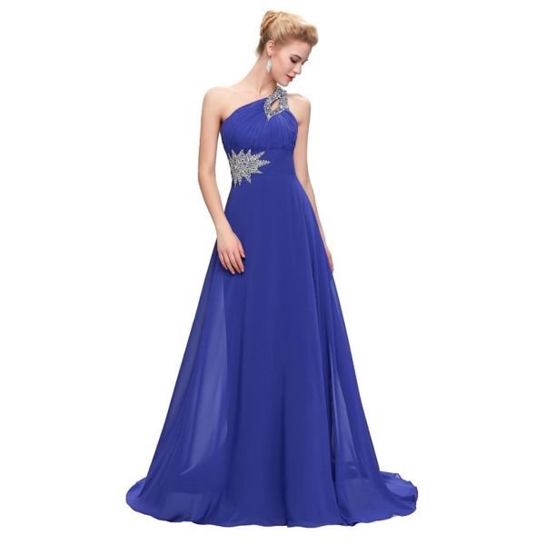 A Line One Shoulder Royal Blue Chiffon Beaded Prom Dress Lace Up Back