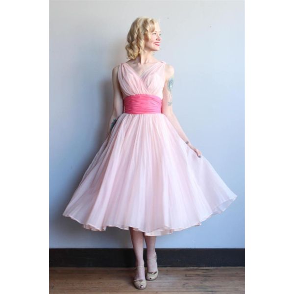 A Line V Neck Tea Length Blush Pink Chiffon Pleated Party Prom Dress ...