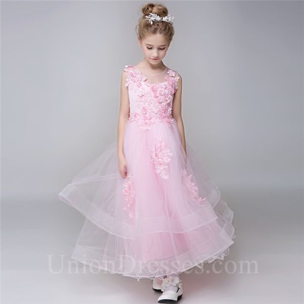 Ball Gown Illusion Neckline Light Pink Tulle Ruffle Lace Flower