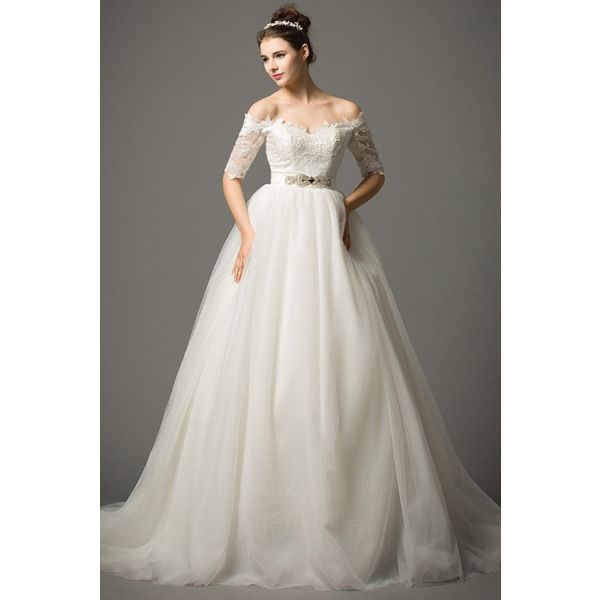 Ball Gown Off The Shoulder Lace Sleeve Tulle Wedding Dress Crystals Sash
