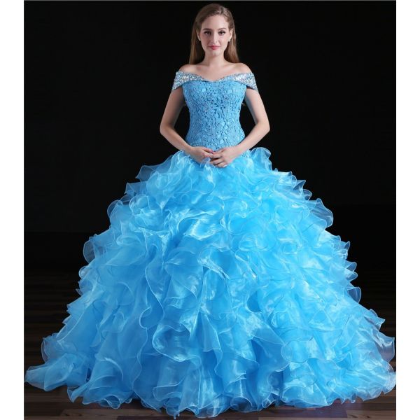 Ball Gown Off The Shoulder Turquoise Organza Ruffle Quinceanera Prom Dress