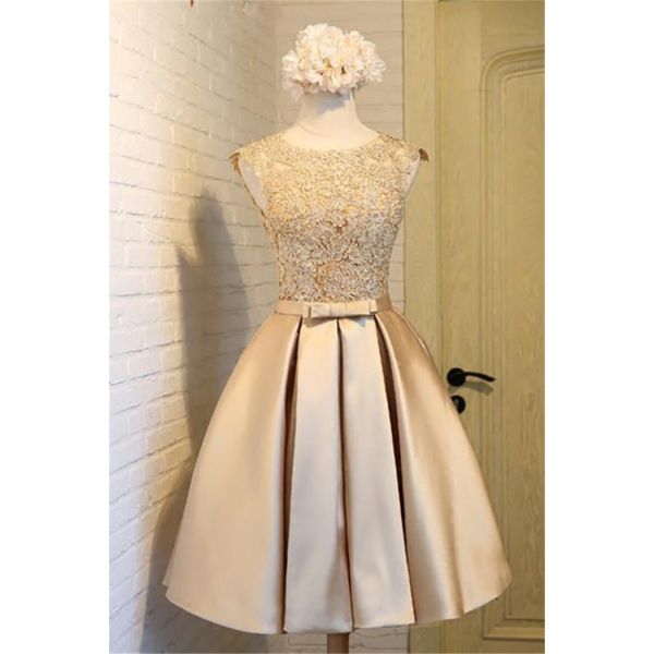 Ball Gown Round Neck Gold Satin Lace Short Prom Dress Bow Sash