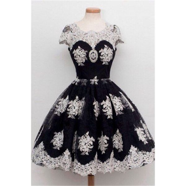 Ball Gown Scoop Neck Cap Sleeve Black And White Lace Prom Dress