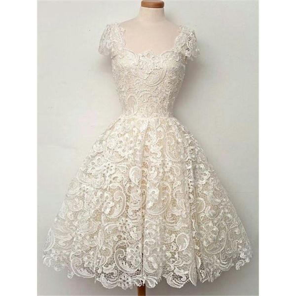 Ball Gown Square Neck Cap Sleeve Short Heavy Lace Prom Dress