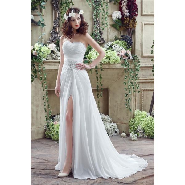 Elegant Strapless Sweetheart High Slit Chiffon Destination Beach ...