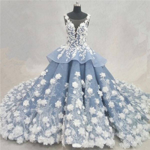 Fantastic Ball Gown Illusion Neckline Dusty Blue Organza Lace Applique ...