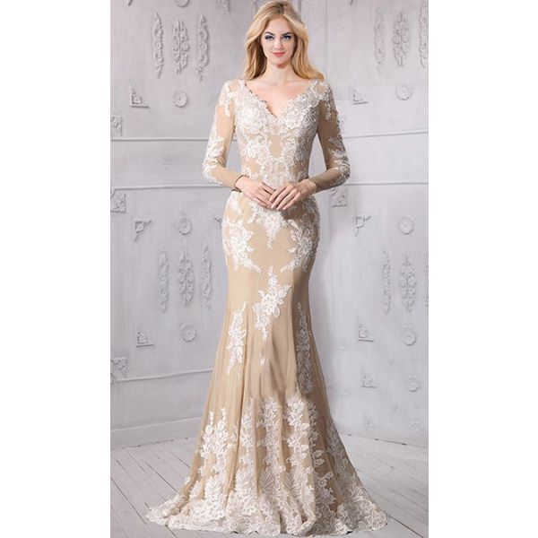 Fantastic Mermaid V Neck Long Sleeve Champagne Tulle Ivory