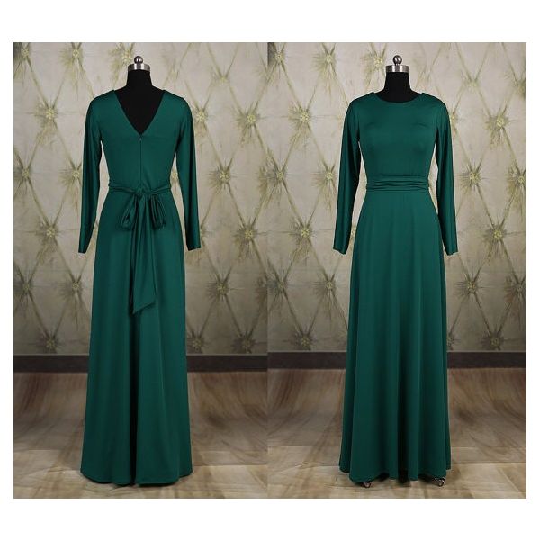 Fitted Scoop Neck Long Sleeve Dark Green Jersey Evening Dress With Sash