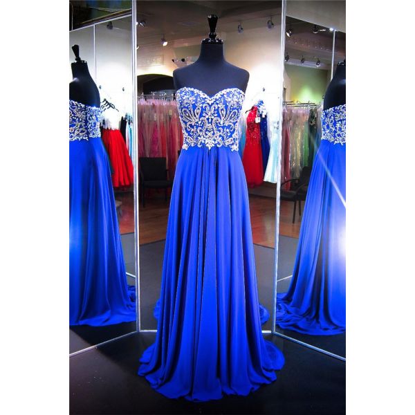 Gorgeous A Line Strapless Long Royal Blue Chiffon Rhinestone Prom Dress