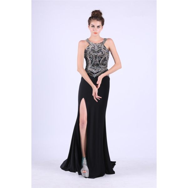 Gorgeous Halter Side Slit Long Black Jersey Beaded Prom Dress Cutouts Back
