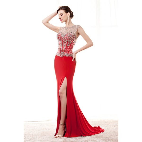 Gorgeous Jewel Neckline High Slit Red Jersey Beaded Prom Dress Open Back