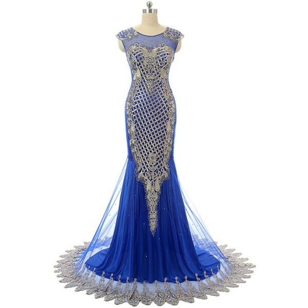 Gorgeous Mermaid Cap Sleeve Royal Blue Tulle Gold Embroidery Special ...